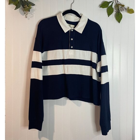 Thread & Supply Navy & Cream Striped Collared Long-Sleeve Polo Shirt X-Large - Picture 1 of 12